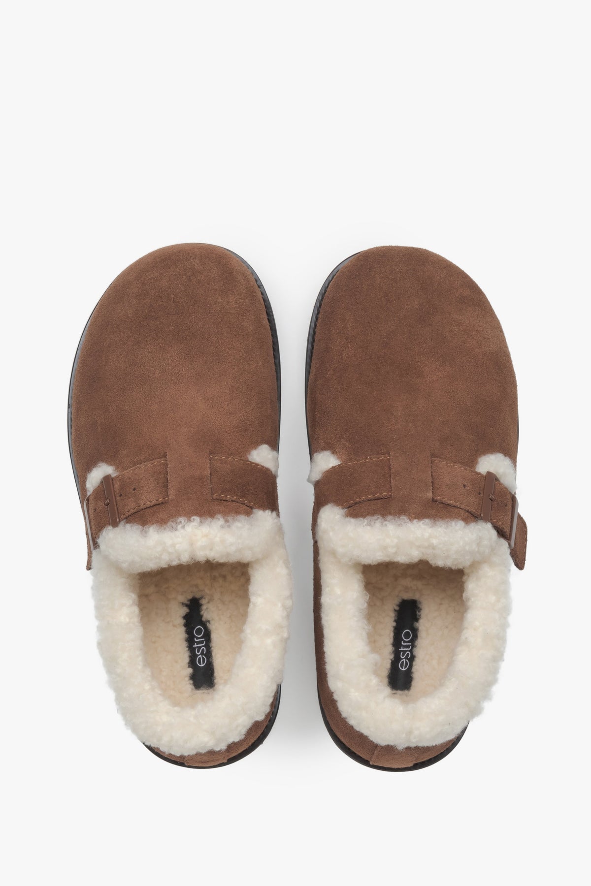 Women's brown natural suede slip-on loafers featuring plush fur lining and an elegant front buckle, Estro.