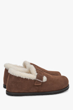 Women's brown velour fur-lined loafers Estro - side profile view highlighting the cozy lining and classic silhouette.