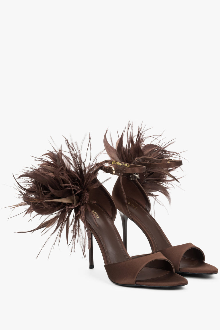 Women's brown high heel sandals with detachable feather trim by Estro
