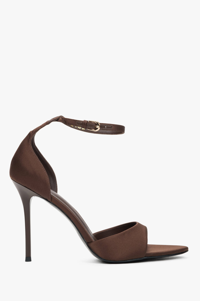 Side view of women's brown high heel sandals by Estro