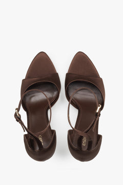 Top view of women's brown high heel sandals by Estro