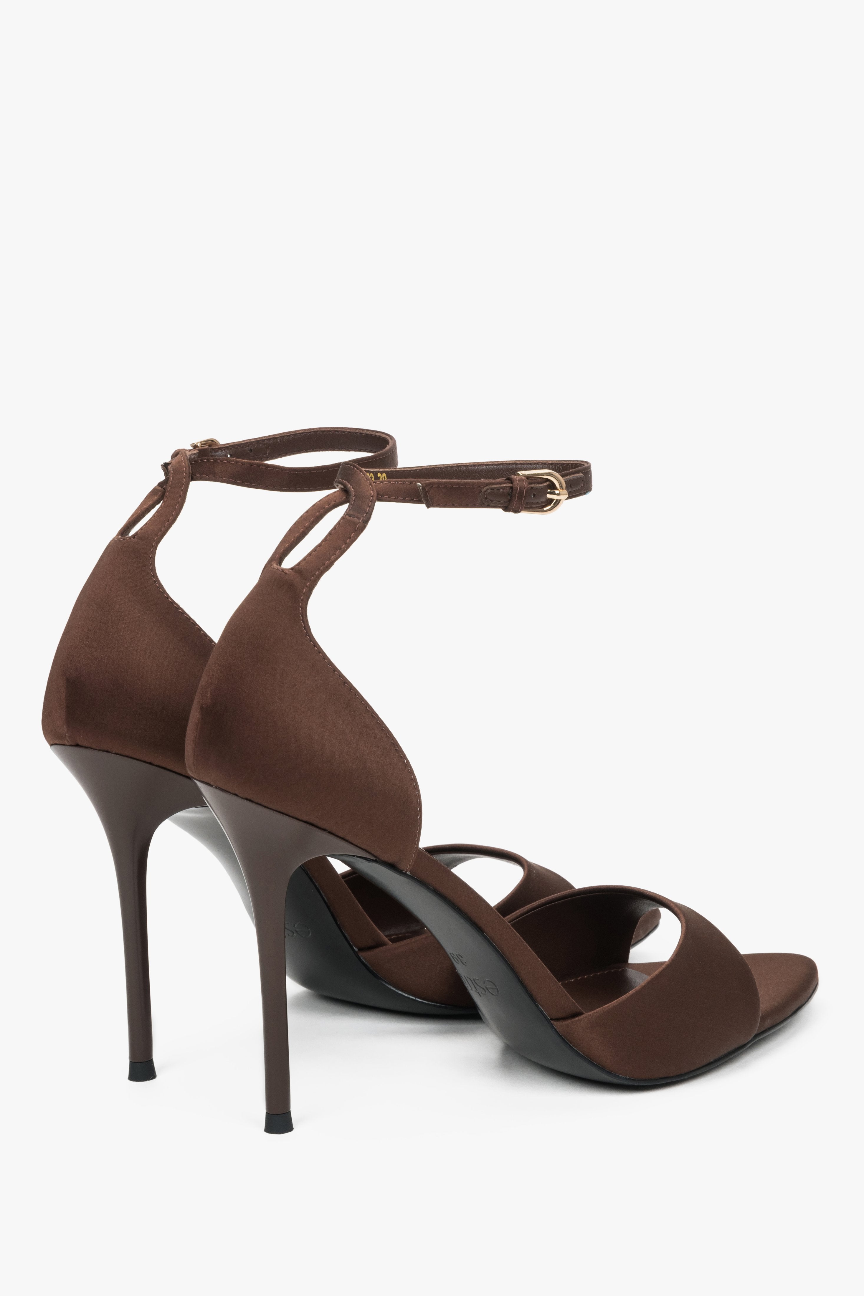 Back view of women's brown high heel sandals with ankle strap