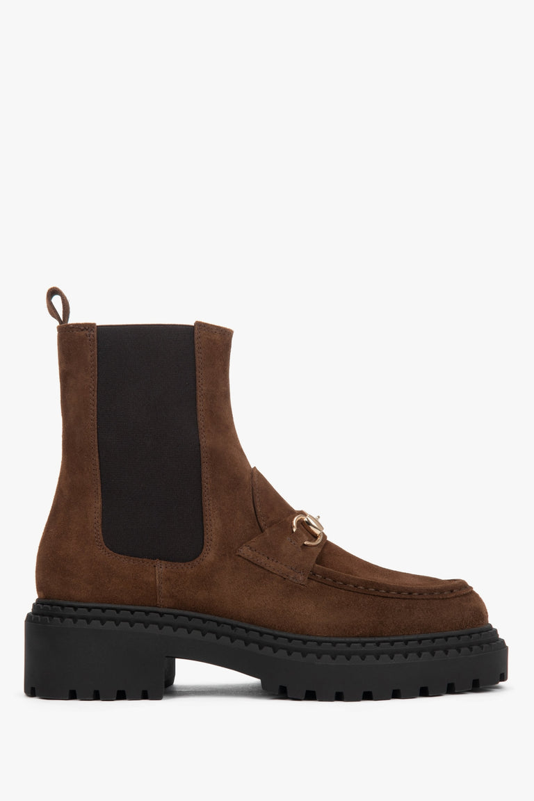 Women's Brown Italian Velour Chelsea Boots with Gold Buckle Estro ER00118382.