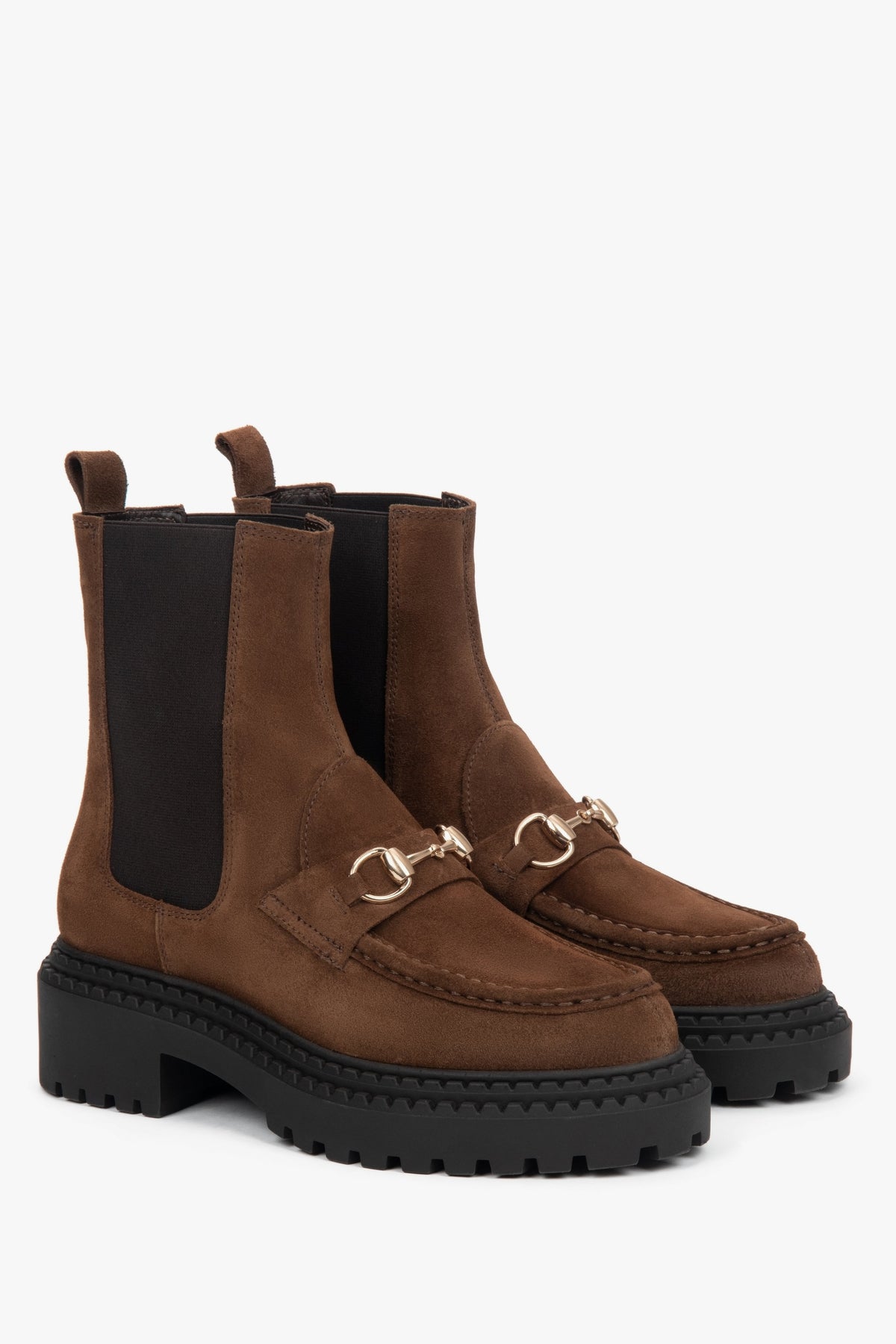 Women's dark brown Chelsea boots made of Premium Italian Genuine Velour with gold buckle.