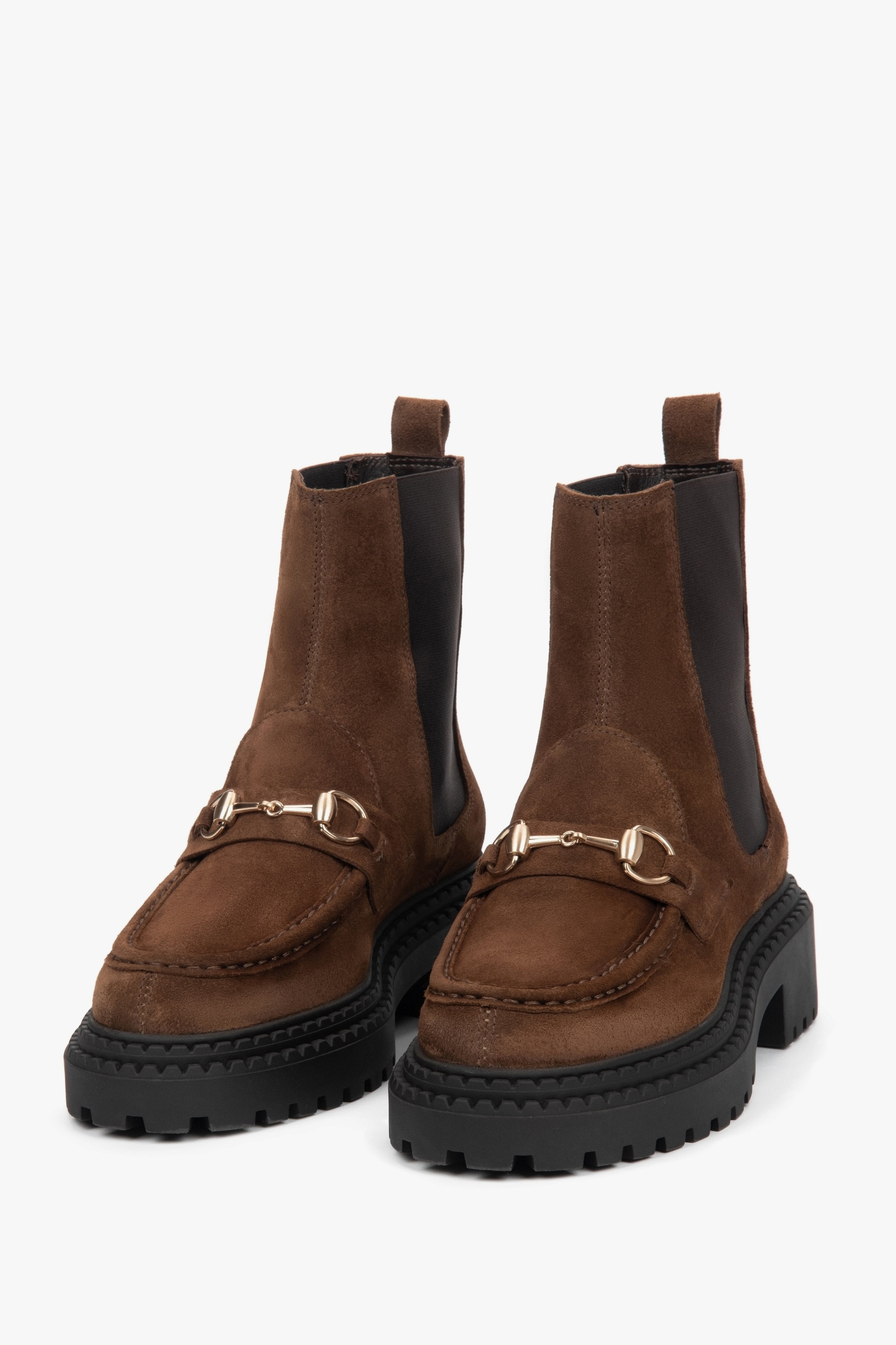 Women's Chelsea boots, dark brown, made of Premium Italian Genuine Velour, with gold buckle.