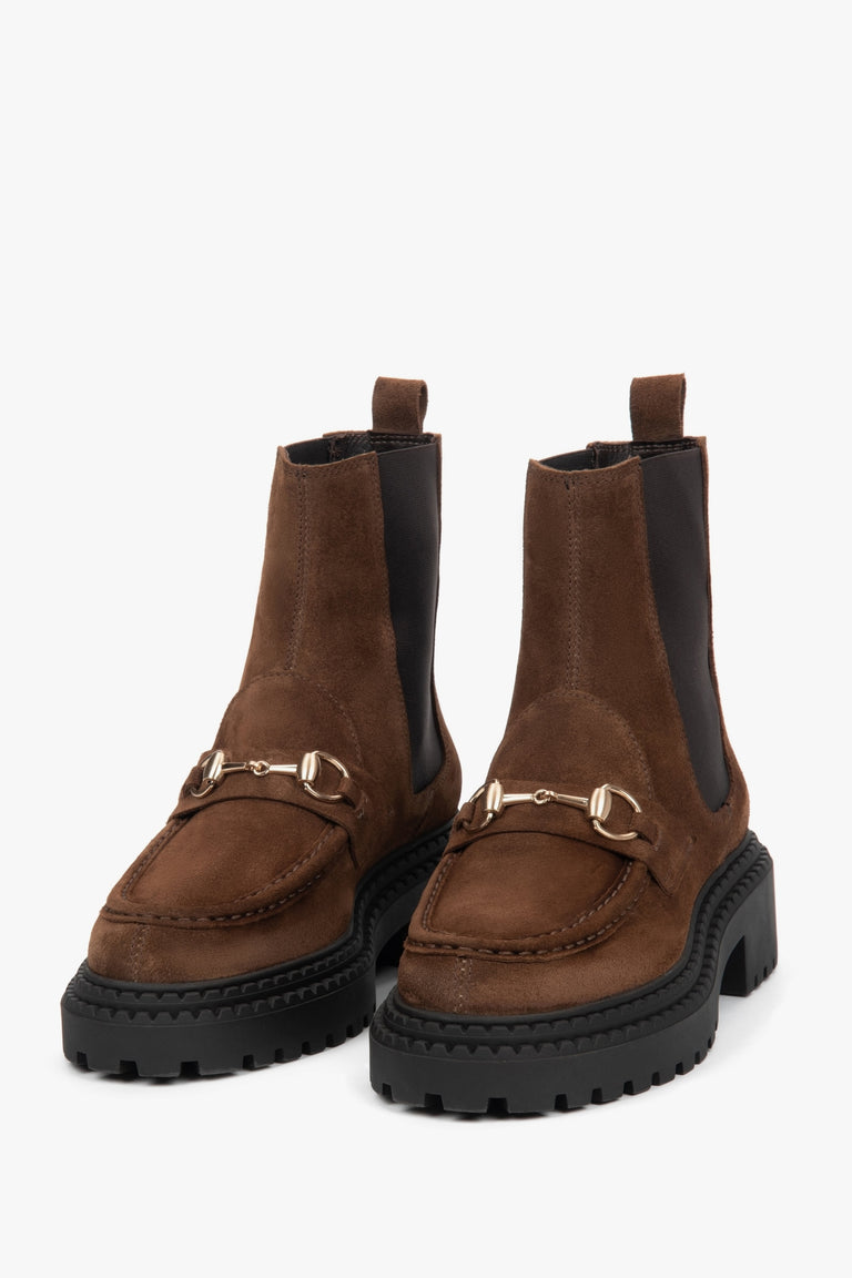 Women's Chelsea boots, dark brown, made of Premium Italian Genuine Velour, with gold buckle.