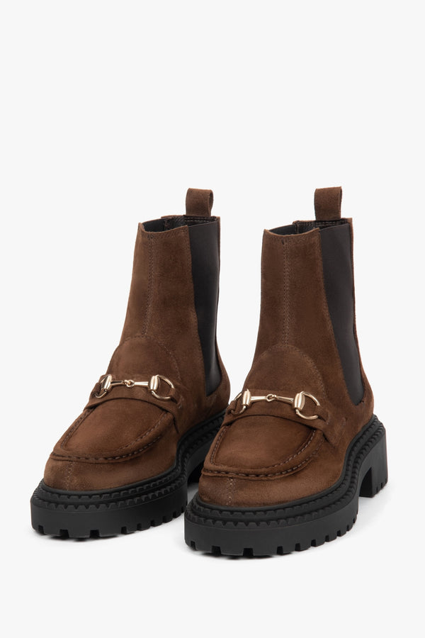 Women's Chelsea boots, dark brown, made of Premium Italian Genuine Velour, with gold buckle.