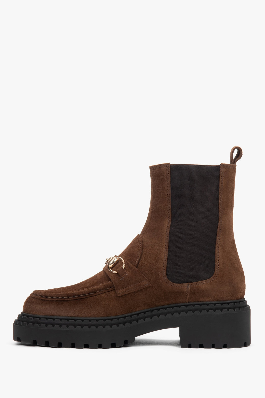 Made of Premium Italian Genuine Velour, women's dark brown Chelsea boots with gold buckle.