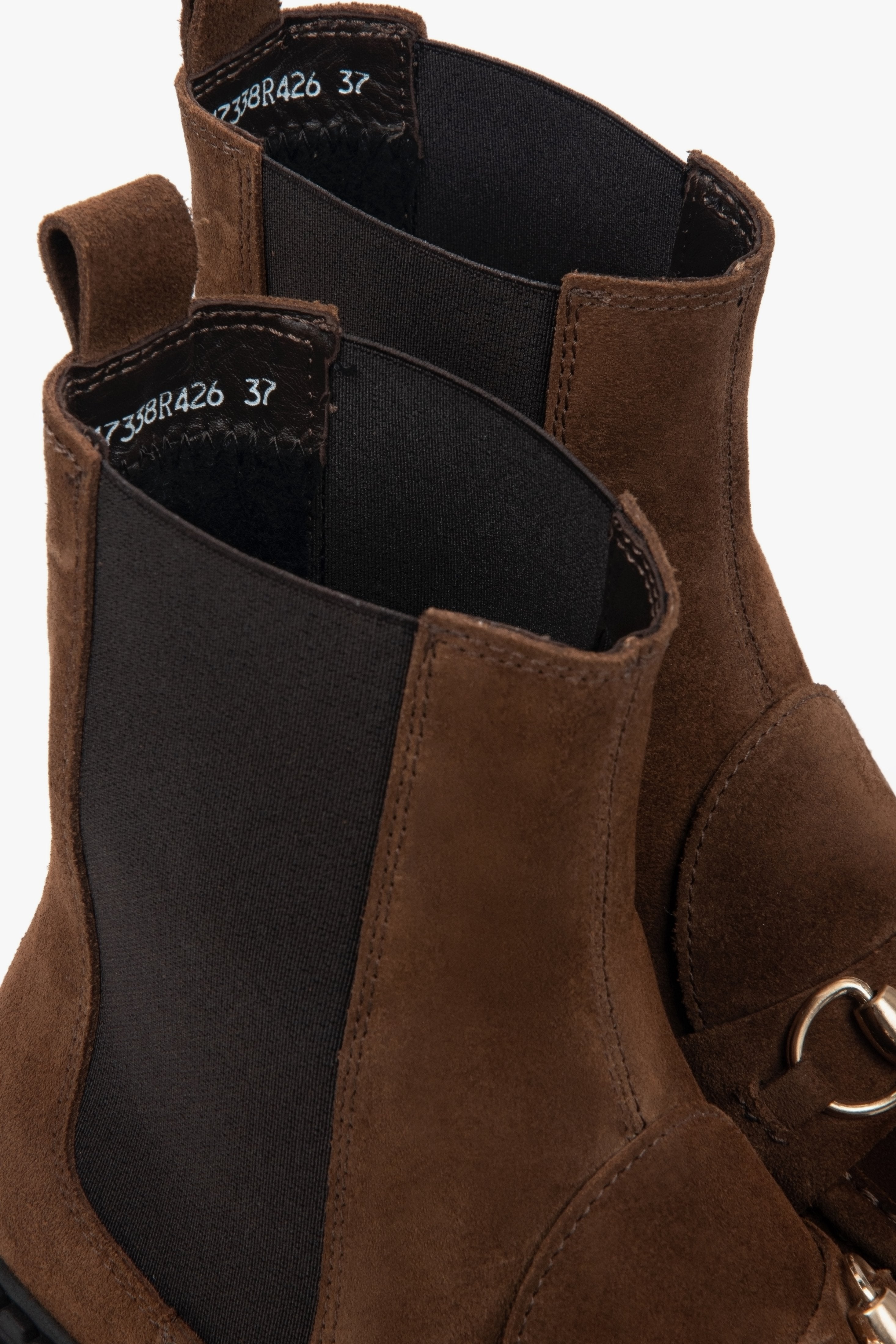 Women's dark brown Chelsea boots with gold buckle, made of Premium Italian Genuine Velour.