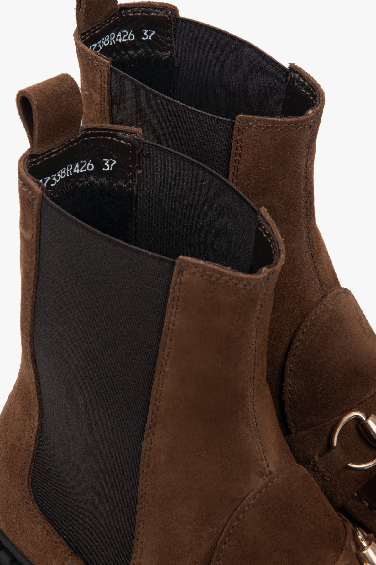 Women's dark brown Chelsea boots with gold buckle, made of Premium Italian Genuine Velour.