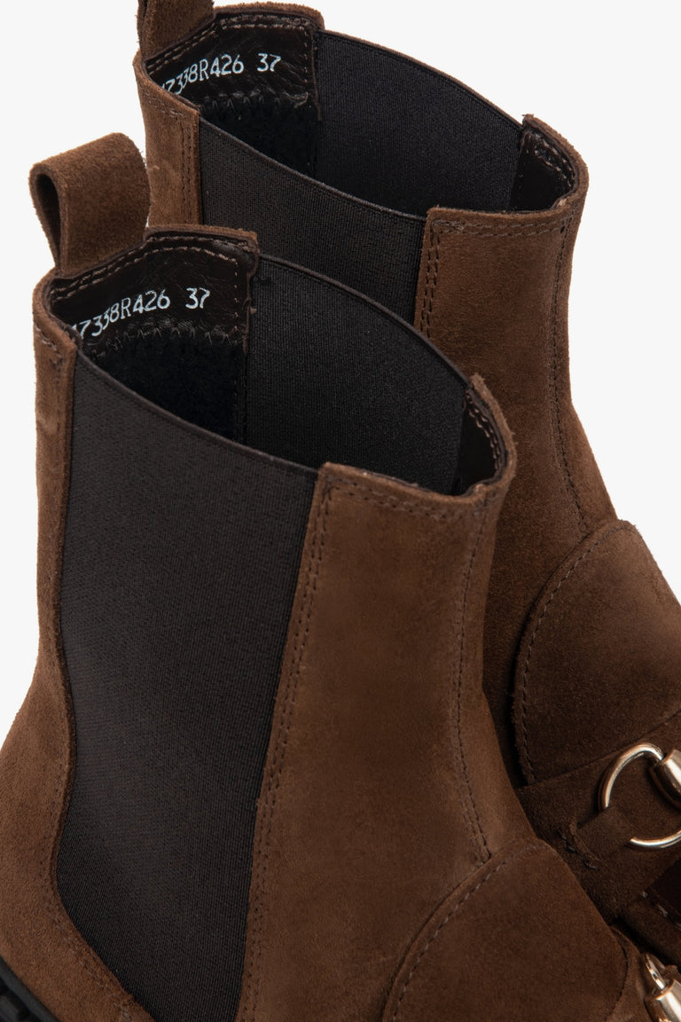 Women's dark brown Chelsea boots with gold buckle, made of Premium Italian Genuine Velour.
