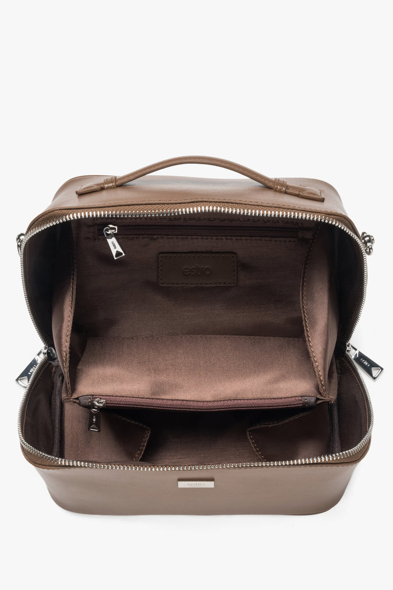 Women's brown leather travel makeup bag by Estro.