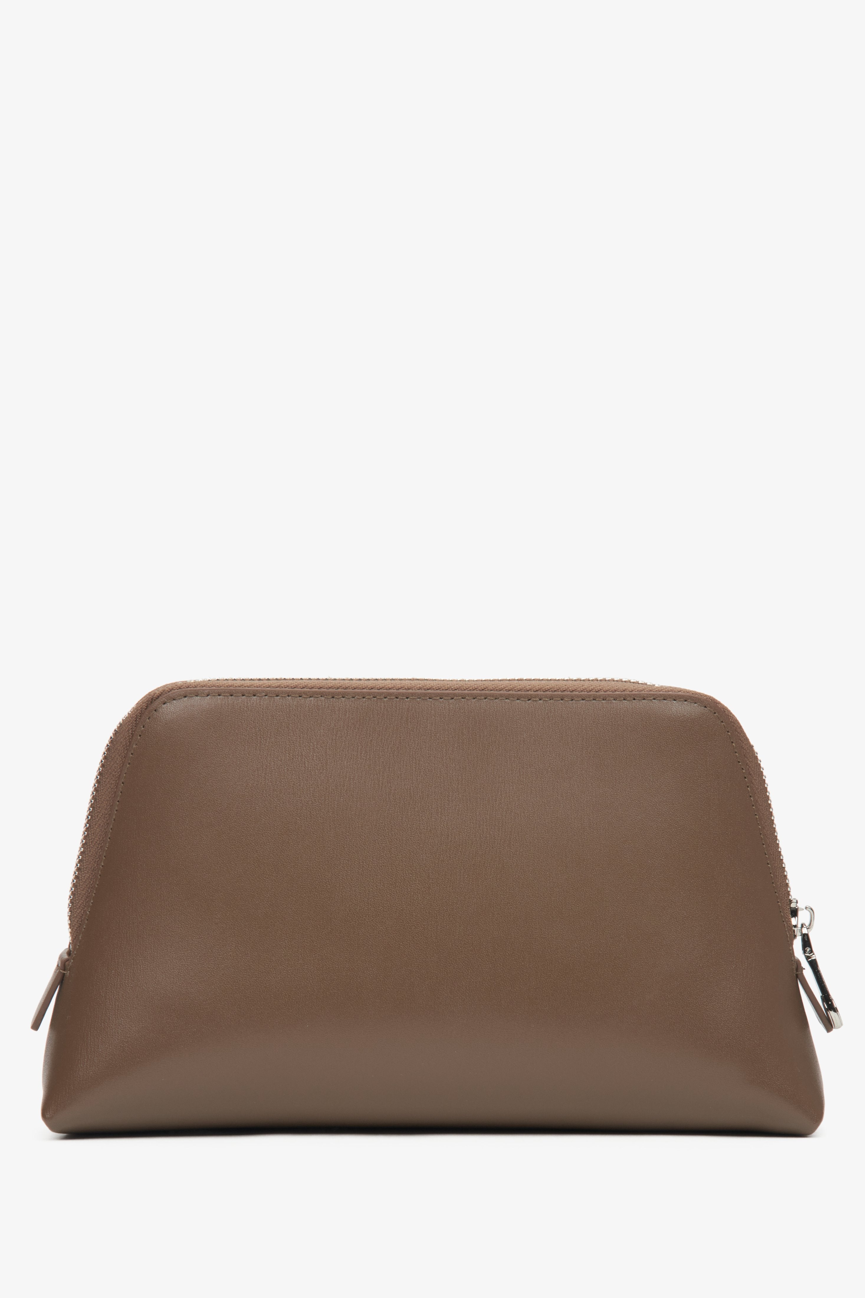 A stylish women's makeup bag made of brown leather, by Estro - reverse.