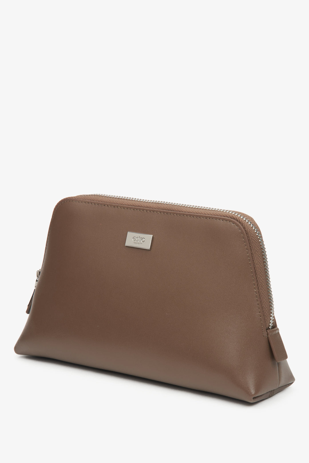 Brown leather makeup bag for women, designed by Estro.