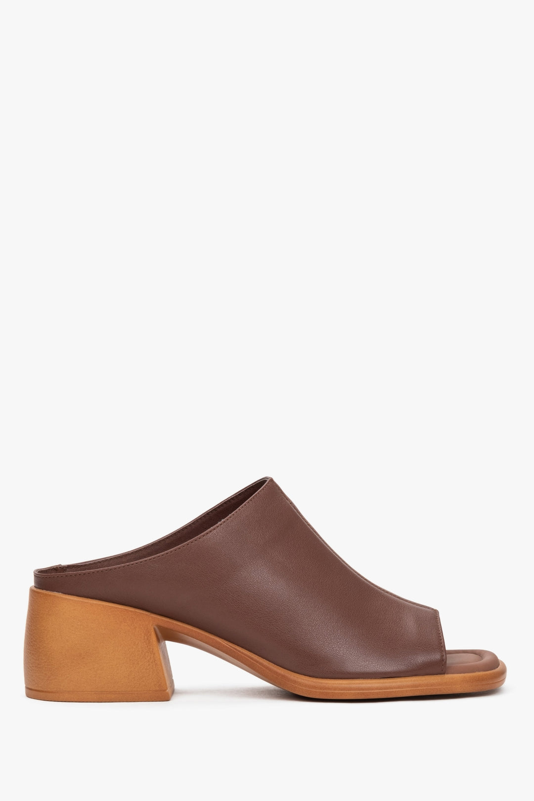 Women’s brown leather mules on a stable block heel, Estro.