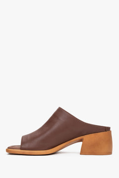 Brown women’s leather mules by Estro on a stable block heel.