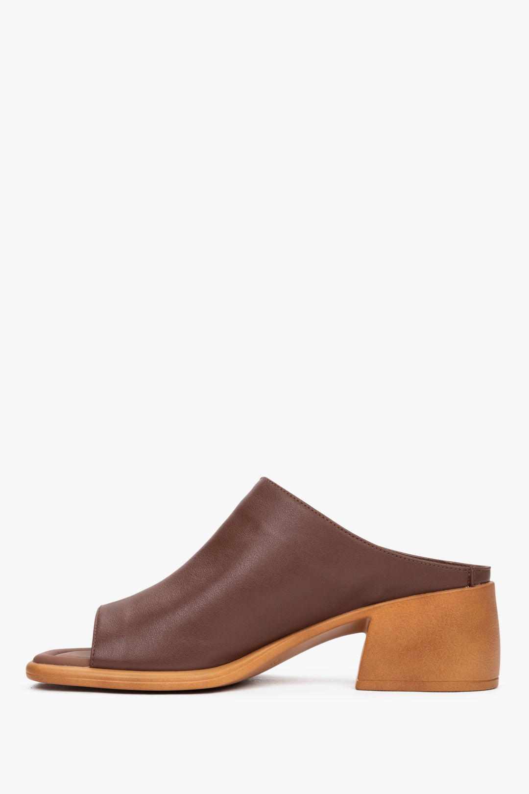 Brown women’s leather mules by Estro on a stable block heel.