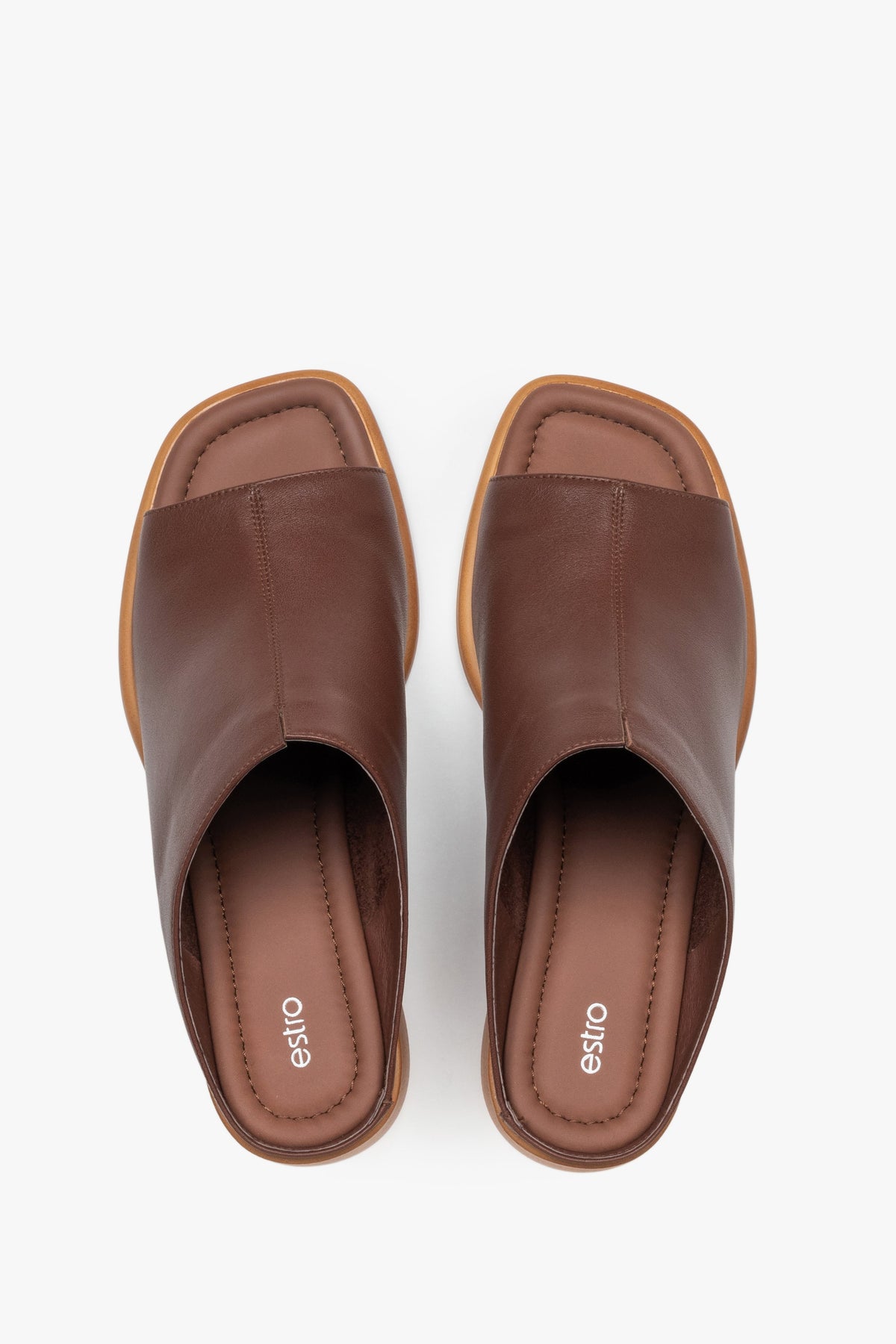 Brown women’s leather mules on a stable block heel by Estro – top view.