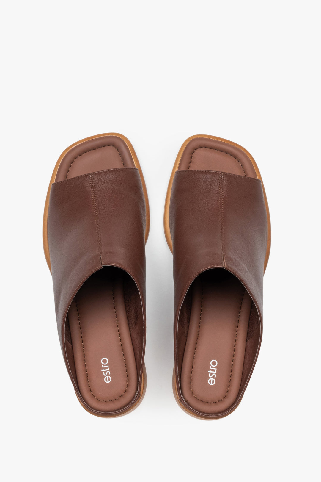 Brown women’s leather mules on a stable block heel by Estro – top view.
