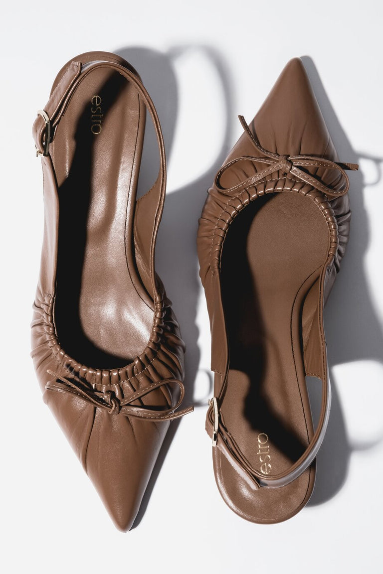 Women’s Brown Leather Slingback Pumps With Kitten Heel Estro ER00119819.