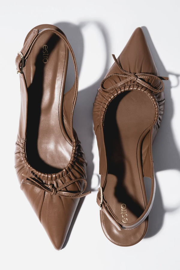 Women’s Brown Leather Slingback Pumps With Kitten Heel Estro ER00119819.