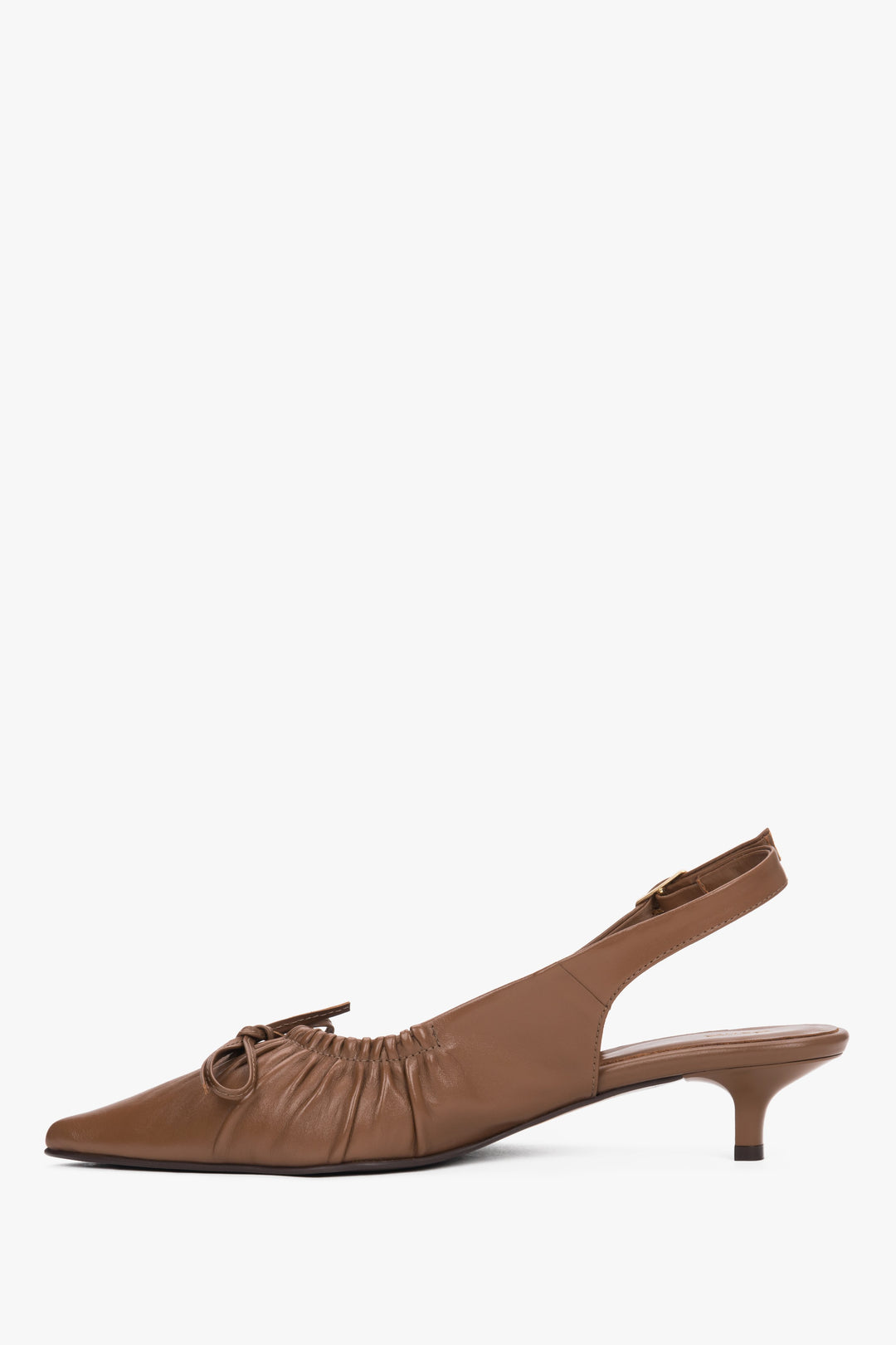 Women’s black leather slingback pumps by Estro with a kitten heel - side view.