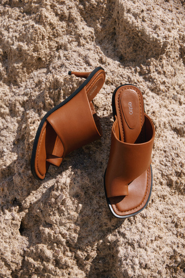 Women’s Brown Leather Stiletto Mules with a Toe Ring Estro ER00117186.