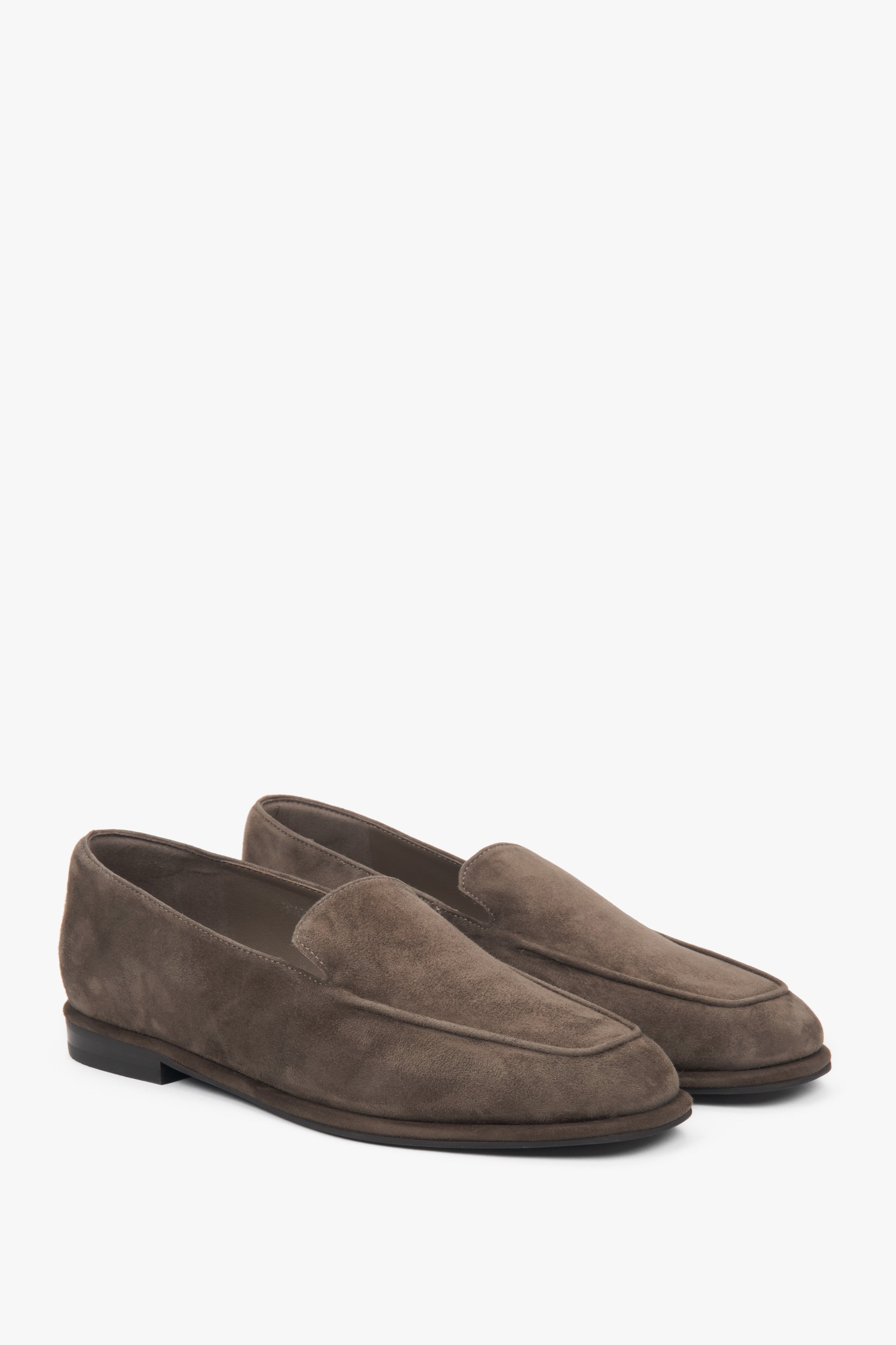 Brown women’s loafers made of soft genuine velour.