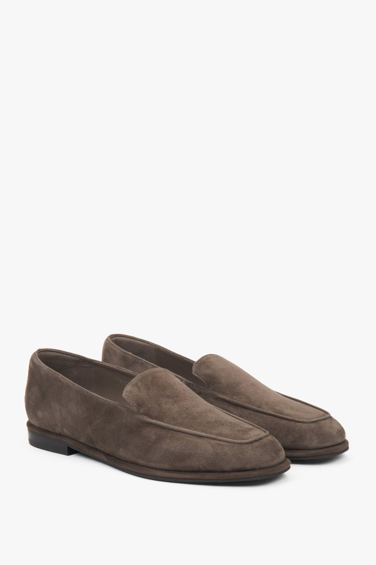 Brown women’s loafers made of soft genuine velour.