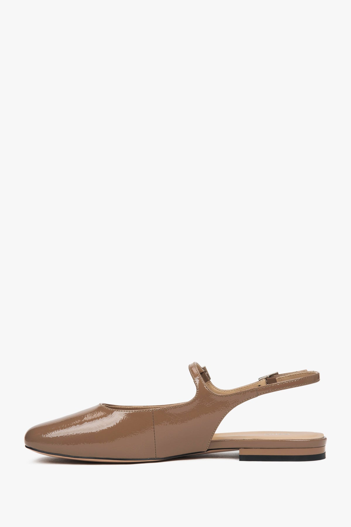 Brown patent leather slingback flats for women.