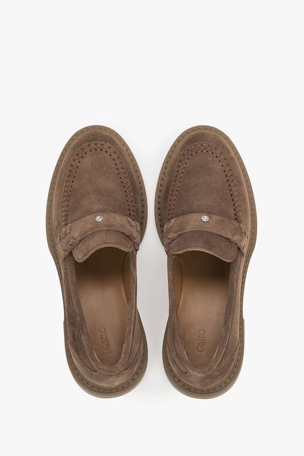 Classic women’s Penny loafers made of soft-textured brown Italian suede.