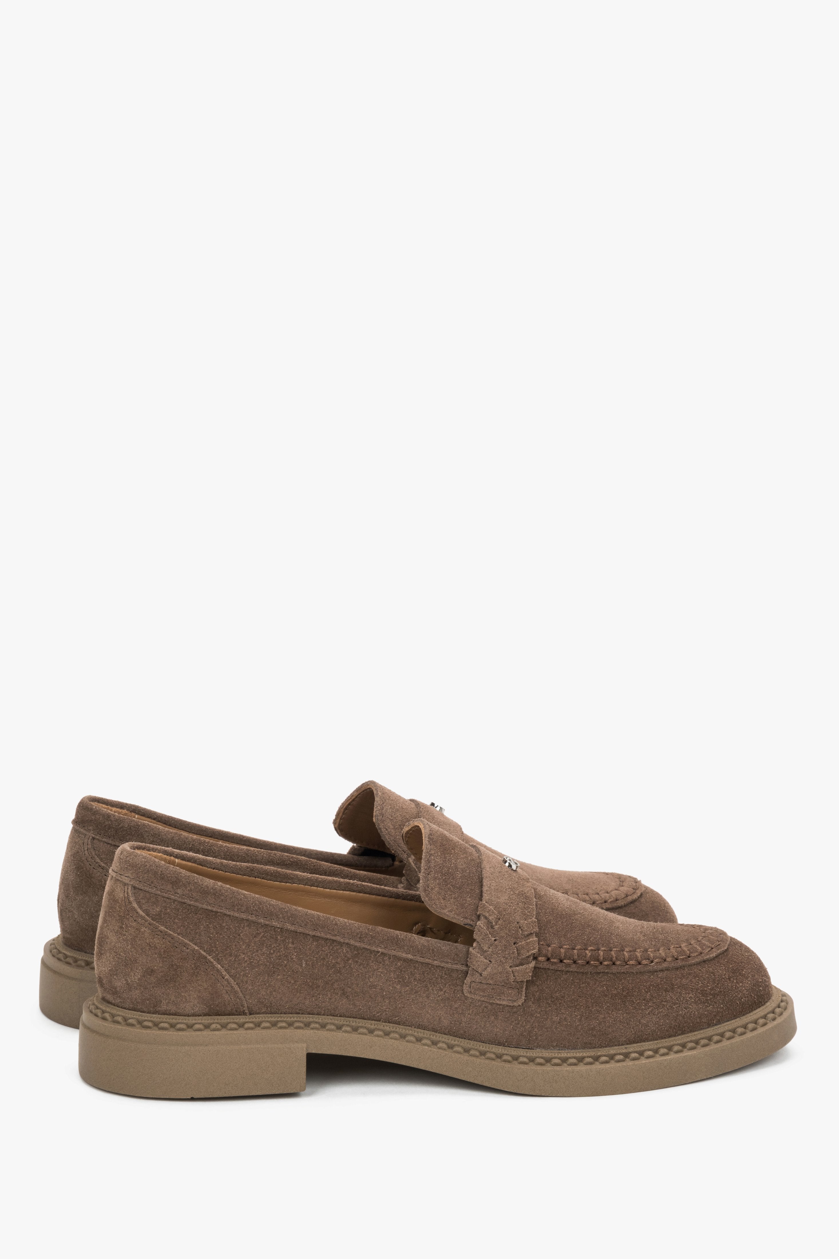 Luxurious brown women’s loafer shoes made of premium natural velour leather.