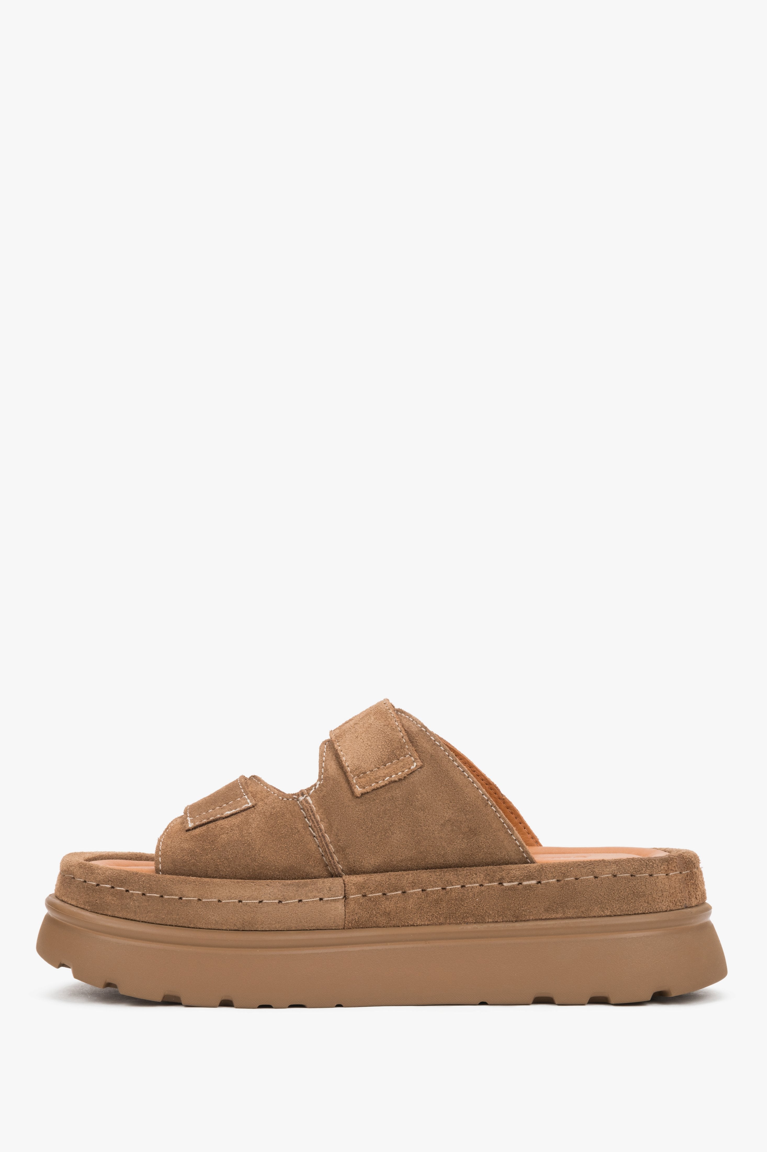 Women’s brown platform slide sandals made of genuine velour by Estro – side view.