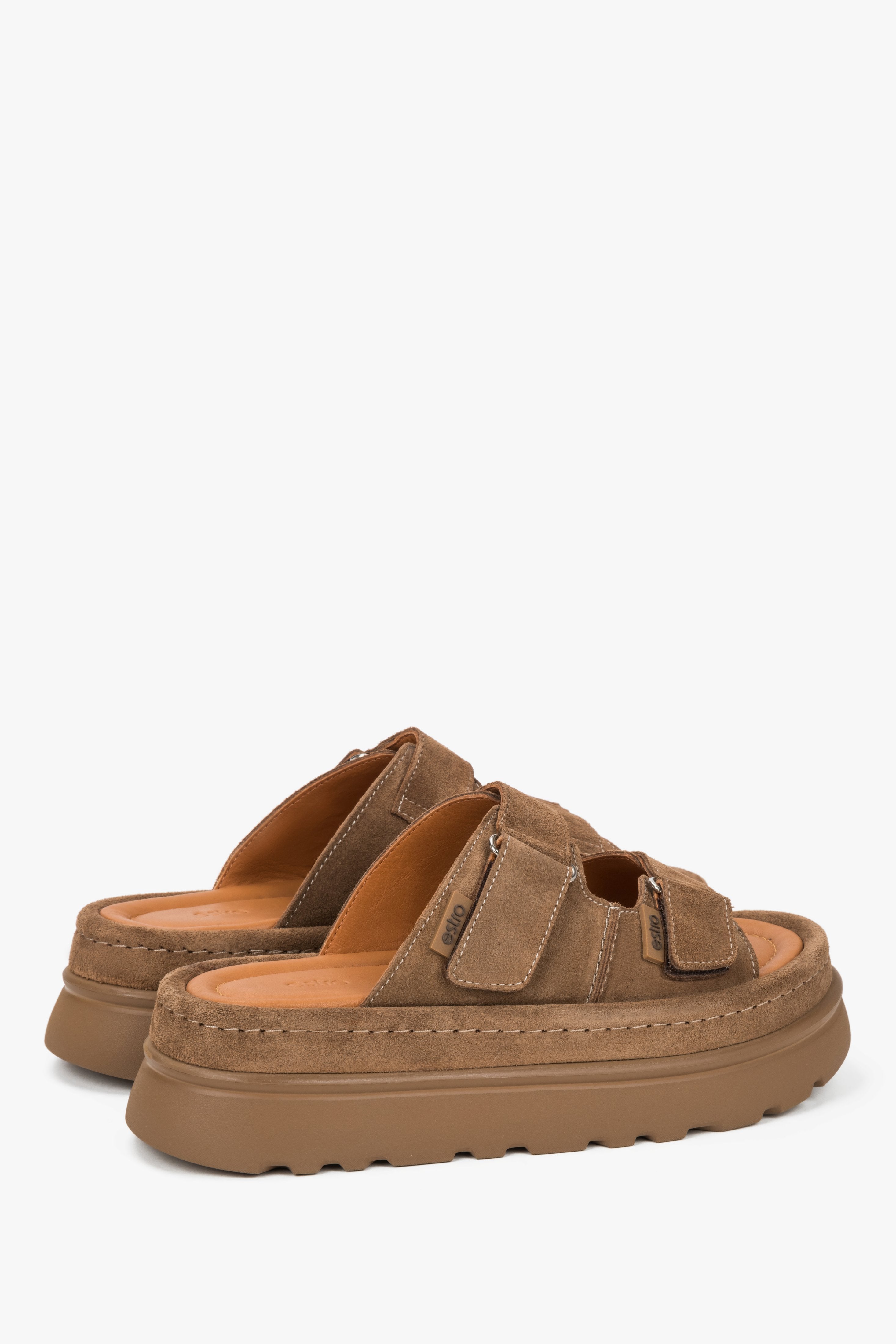 Women’s brown platform slide sandals by Estro made of genuine velour.