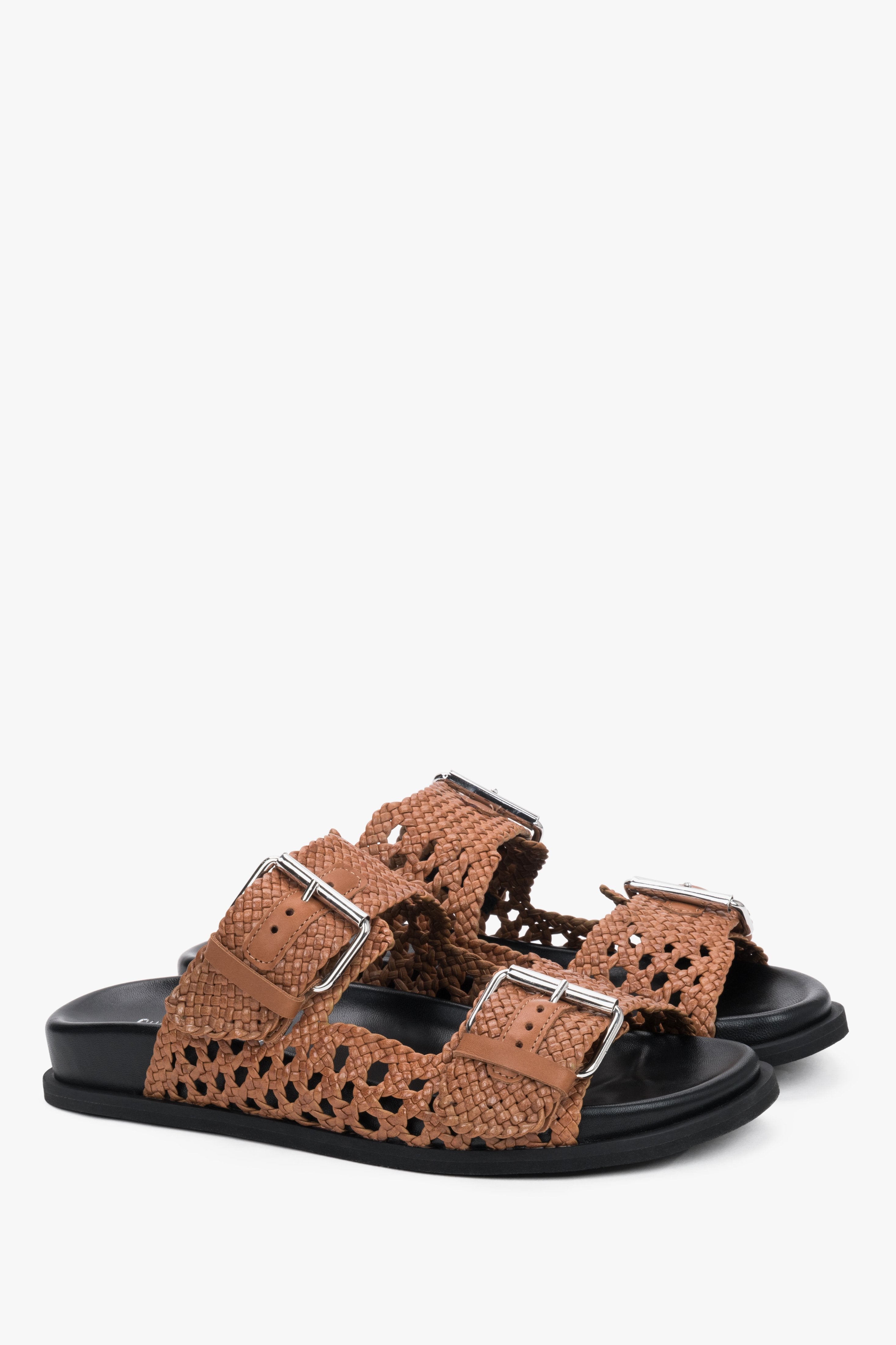 Women's brown premium Italian leather slides by Guglielmo Rotta with perforated straps.