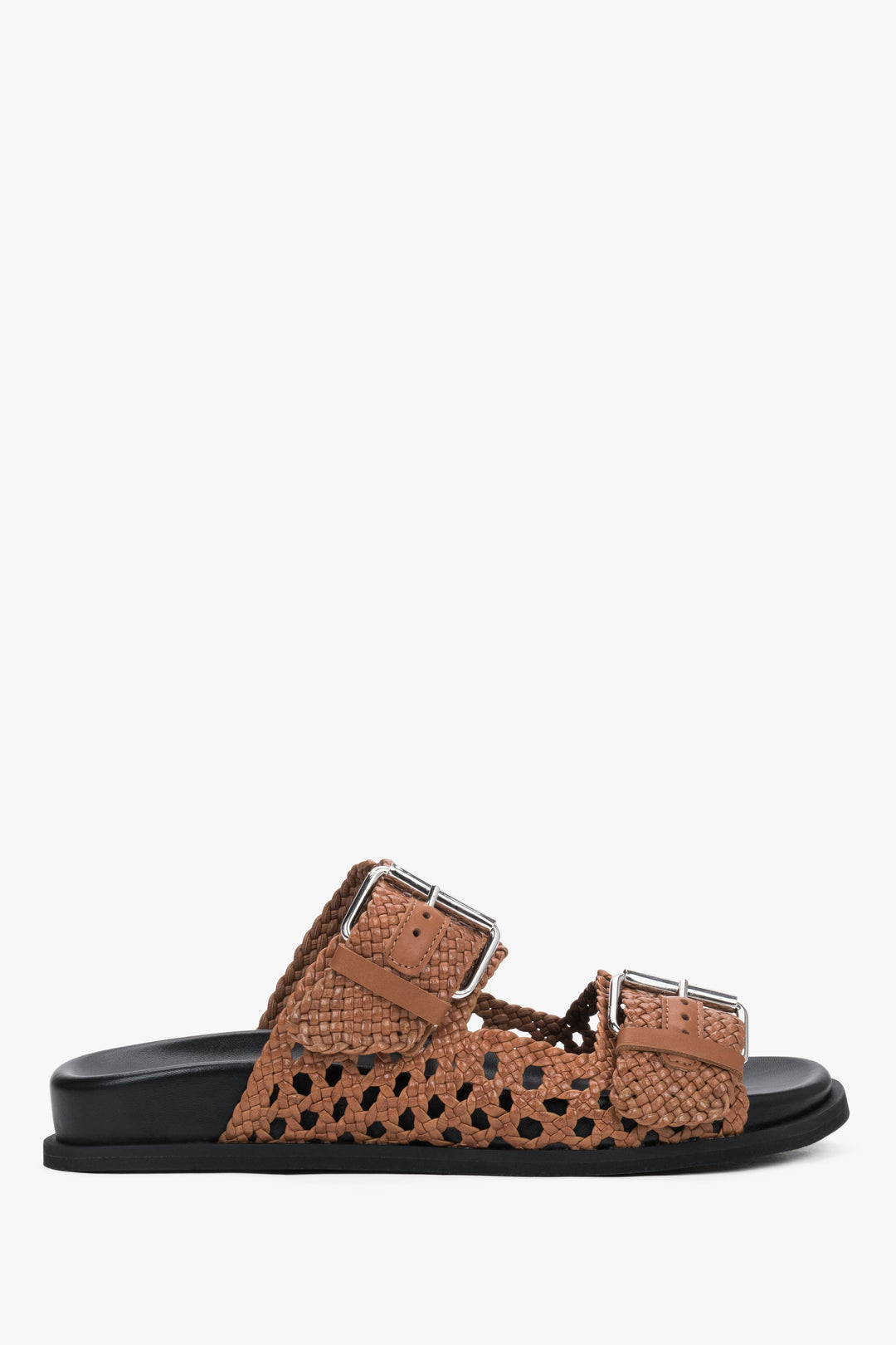 Luxury brown leather slides featuring adjustable buckles and a comfortable flat heel.