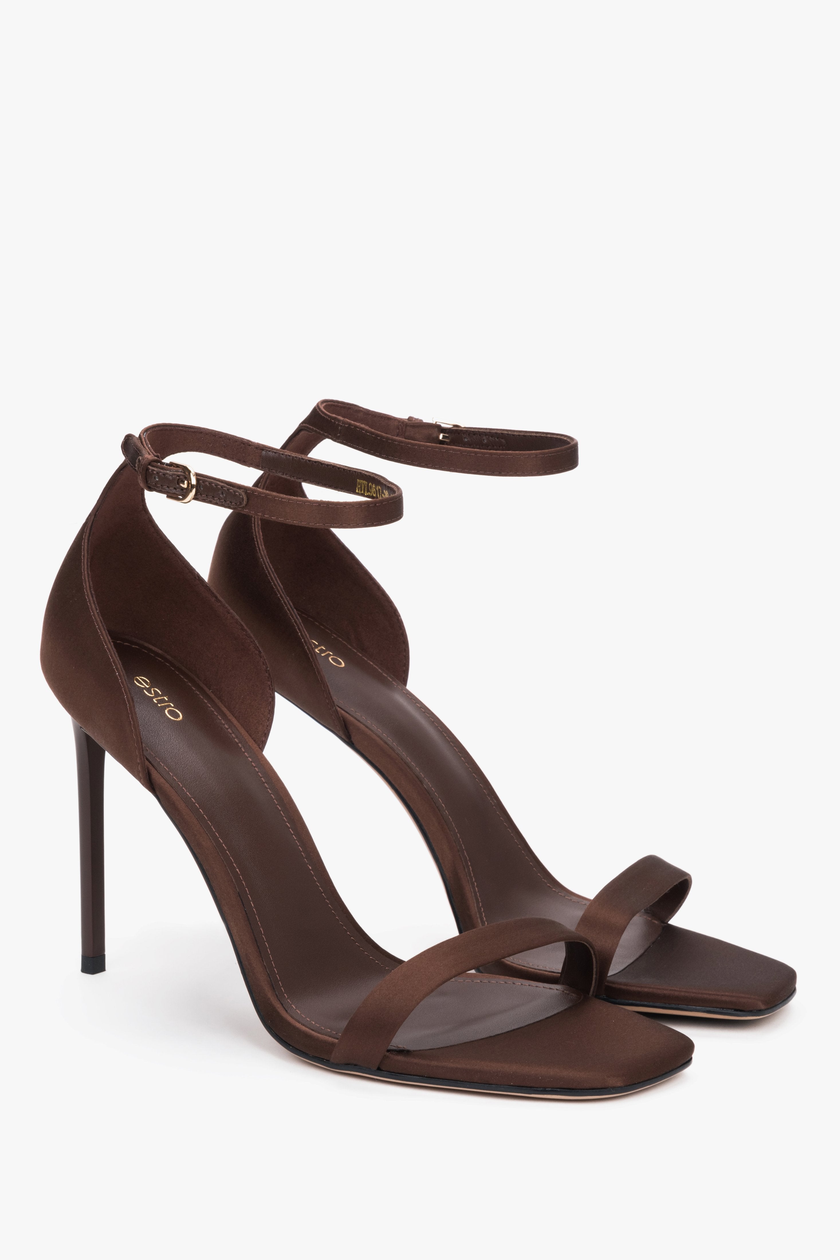 Angled view of women's brown satin high heel sandals by Estro