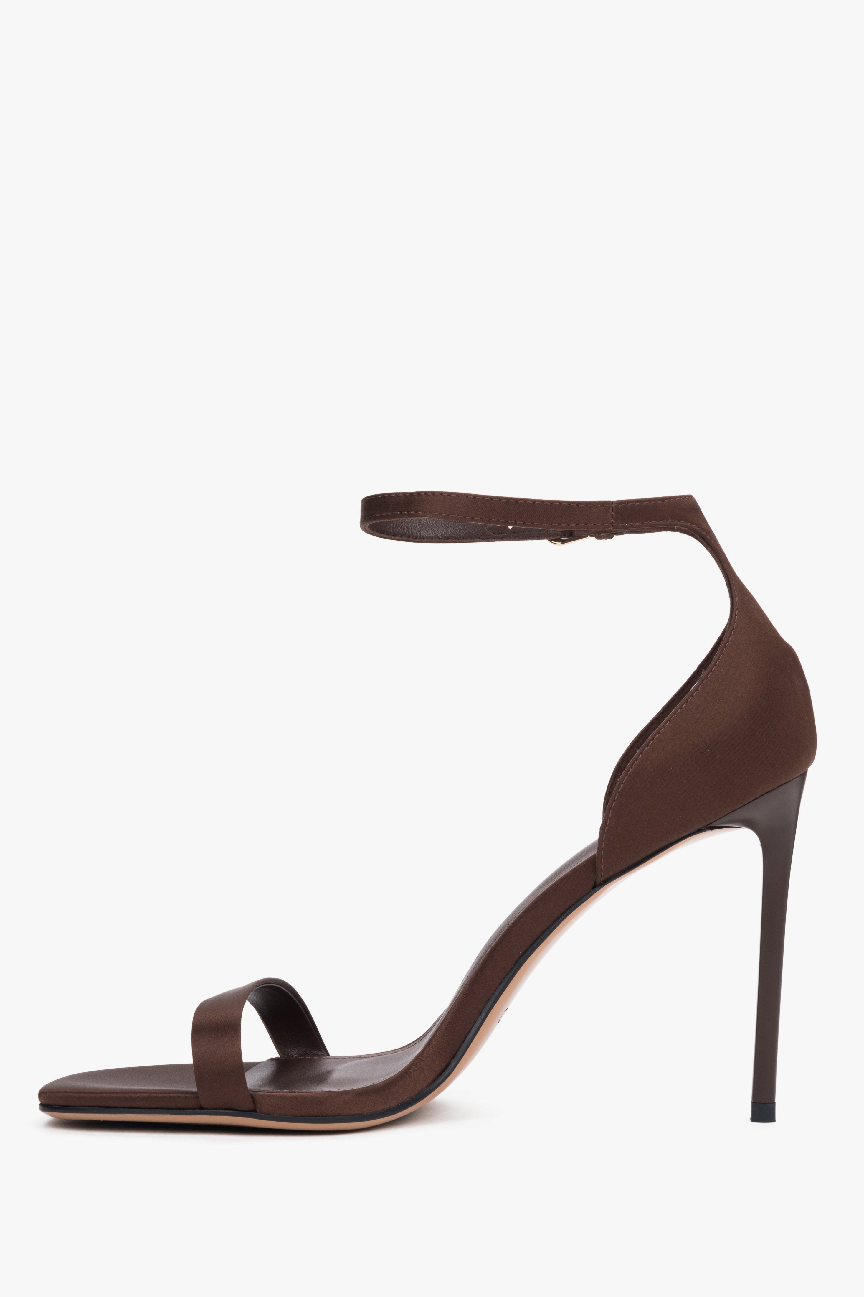 Side view of women's brown satin sandals with stiletto heel