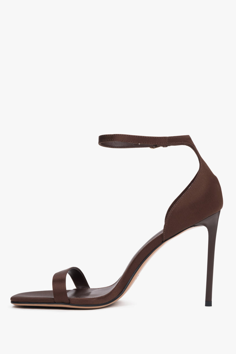 Side view of women's brown satin sandals with stiletto heel