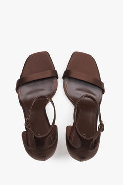 Top view of women's brown satin high heel sandals by Estro