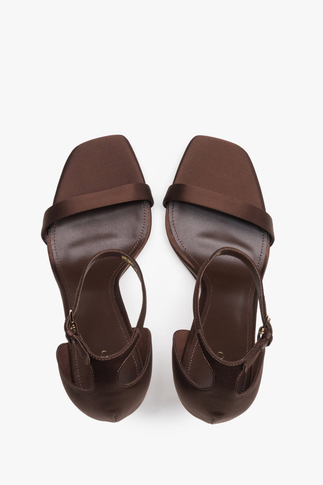 Top view of women's brown satin high heel sandals by Estro
