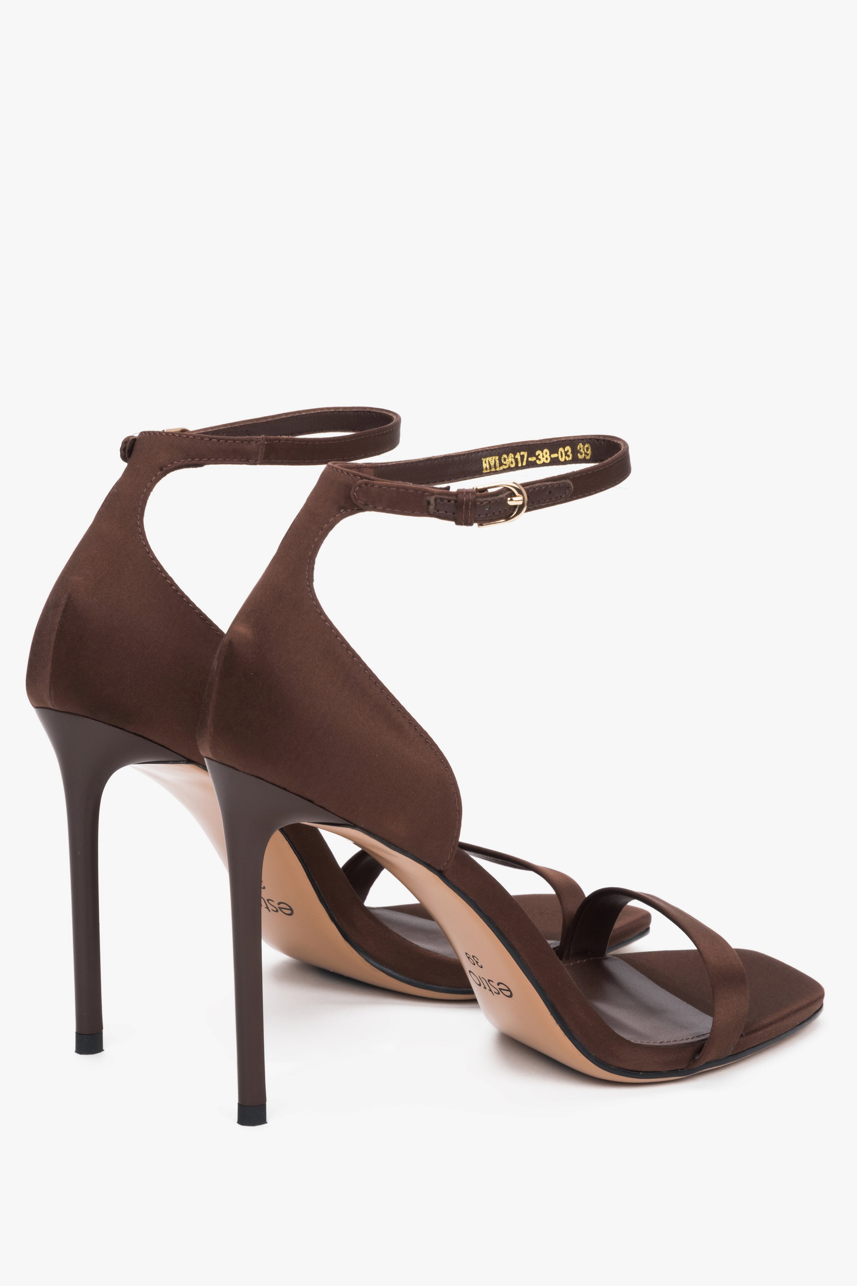 Women's brown satin high heel sandals with closed heel and buckle