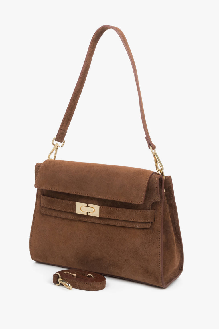 Women’s brown shoulder bag made of Premium Italian genuine velour, Estro.
