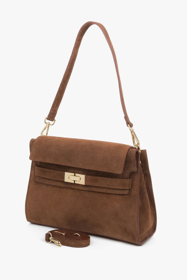 Women’s brown shoulder bag made of Premium Italian genuine velour, Estro.