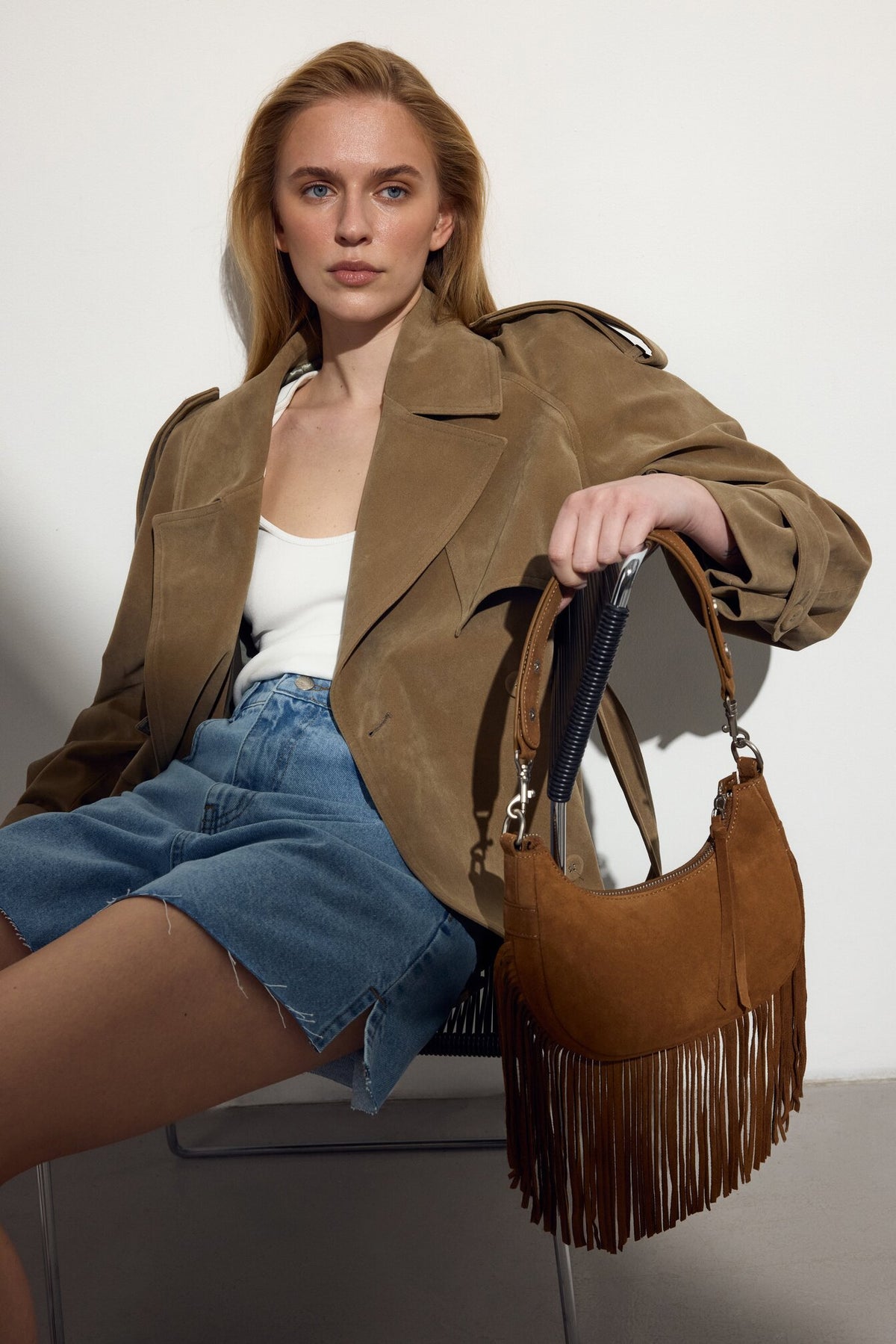 Women's Dark Brown Shoulder Bag made of Genuine Velour with Fringes Estro ER00116828