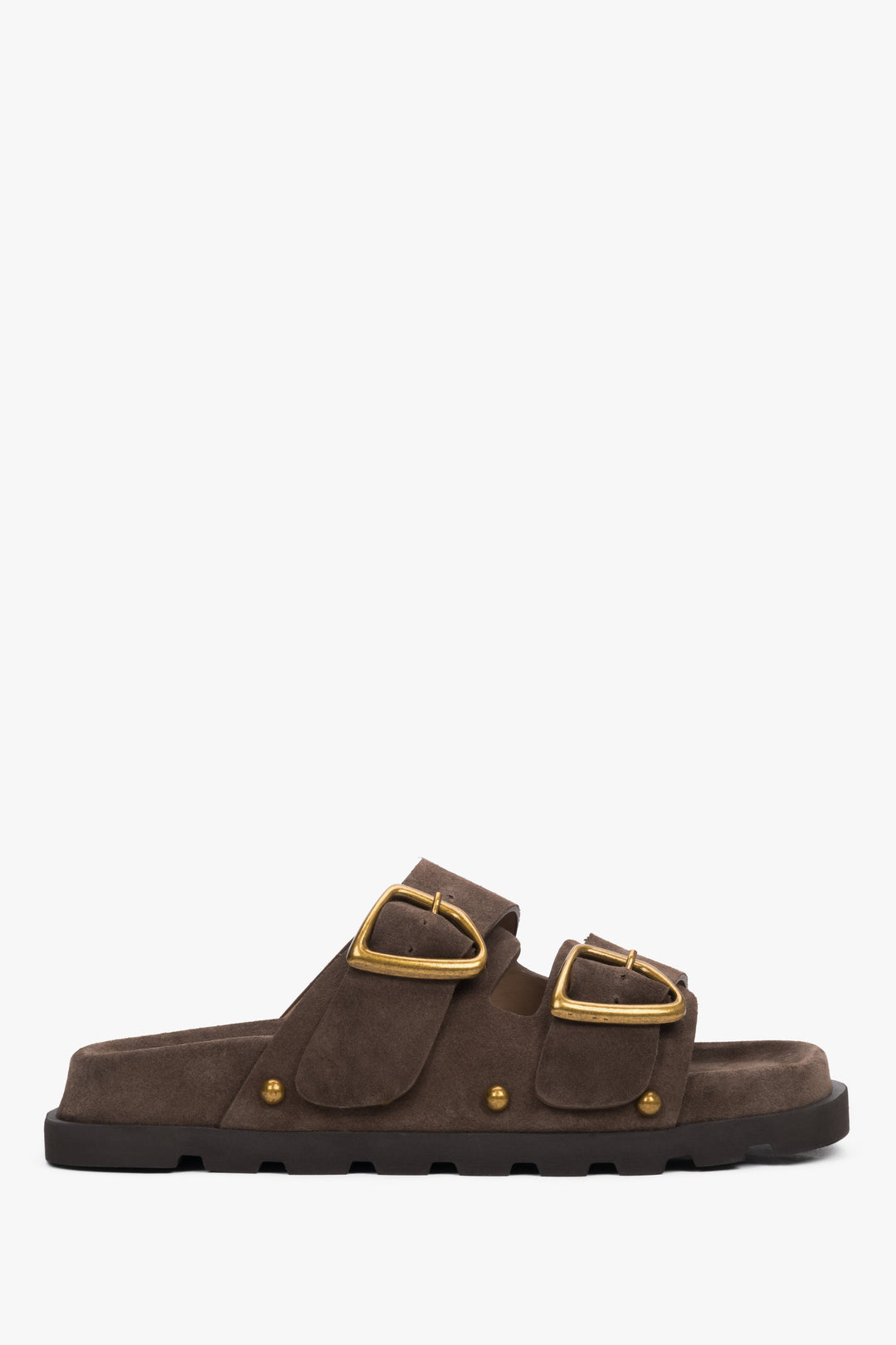 Women’s Brown Slippers Made of Genuine Velour with Silver Buckle and Studs Estro ER00119828.