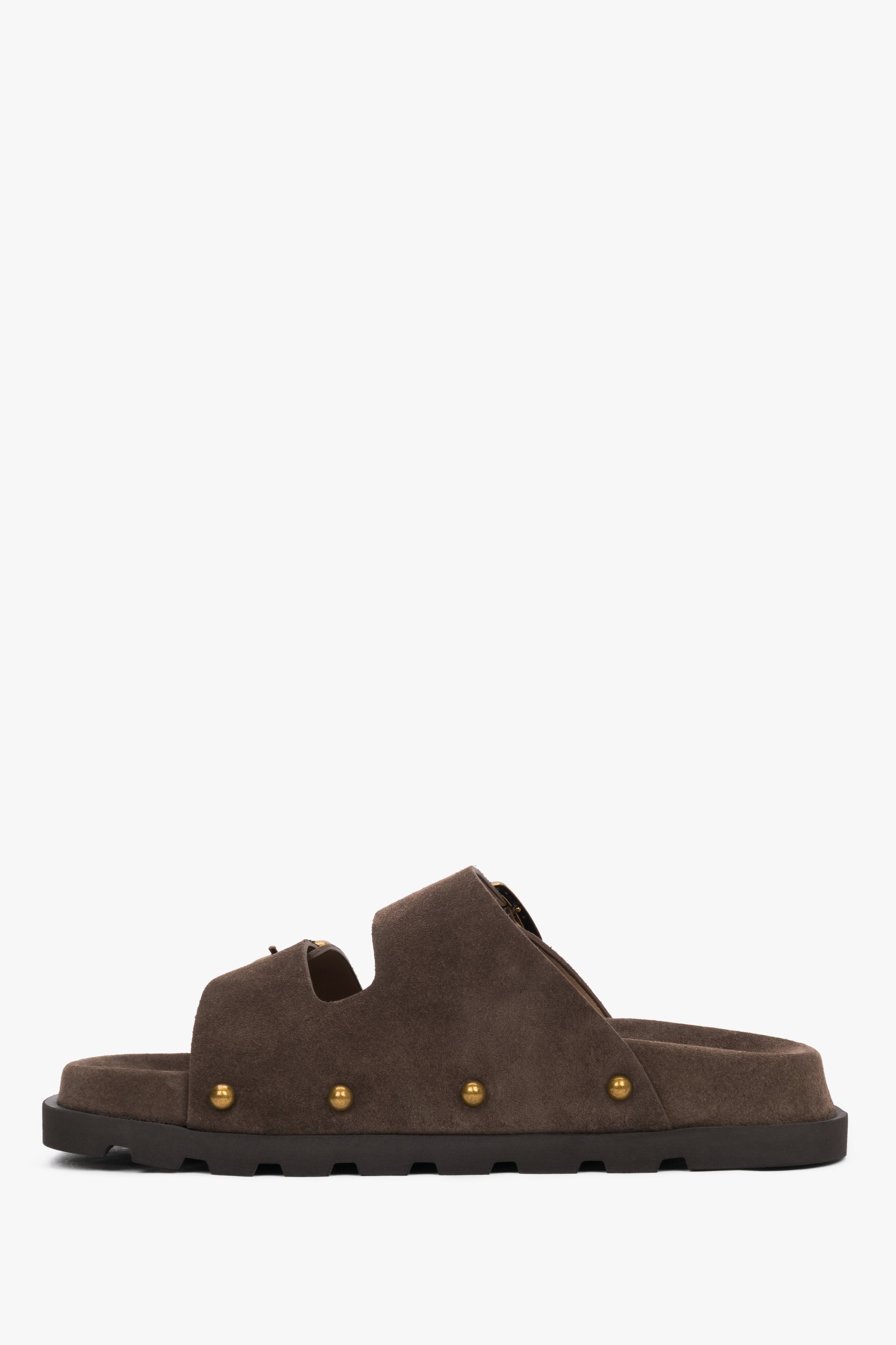 Women’s brown genuine velour slides with a silver buckle and studs, Estro.