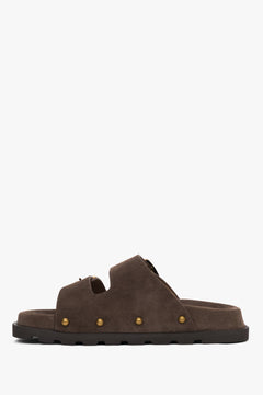 Women’s brown genuine velour slides with a silver buckle and studs, Estro.