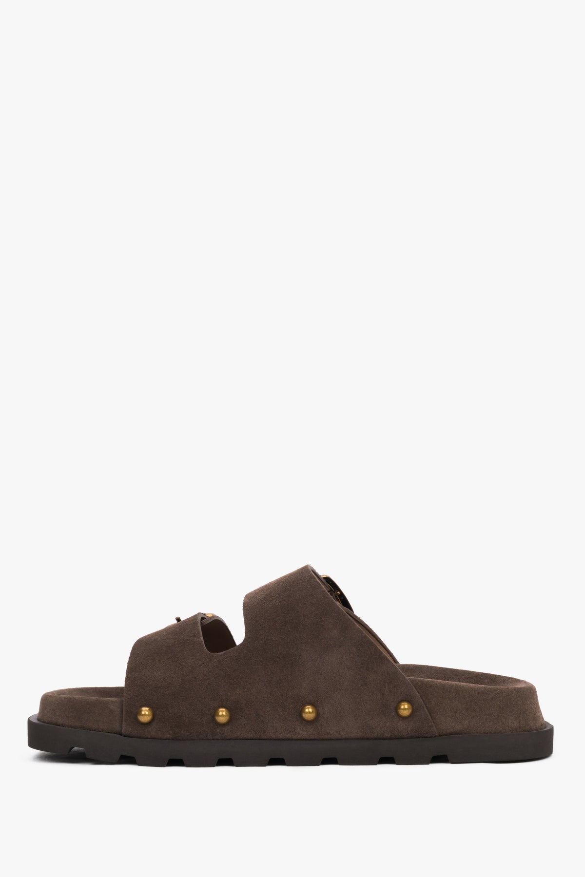 Women’s brown genuine velour slides with a silver buckle and studs, Estro.