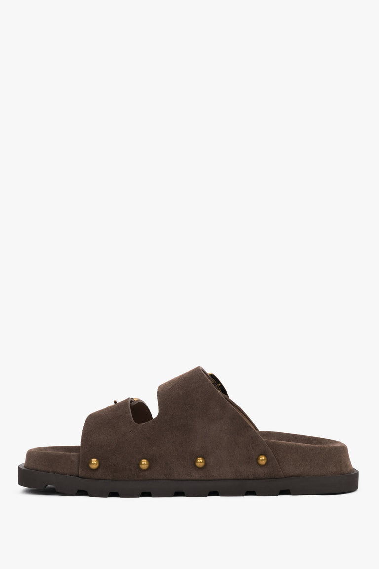 Women’s brown genuine velour slides with a silver buckle and studs, Estro.